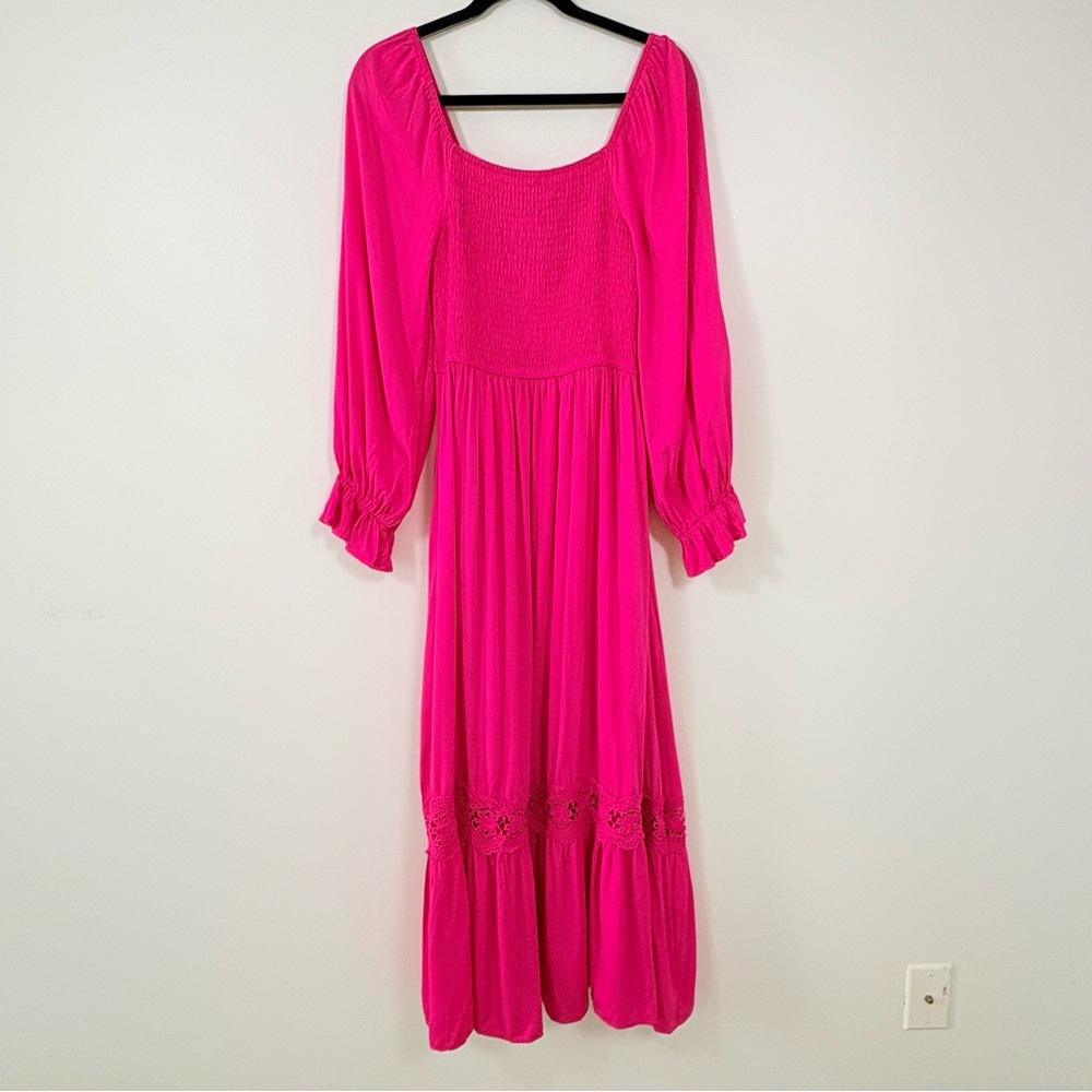 Bright Pink Long Sleeve Maxi Dress - Feminine Smocked Bodice